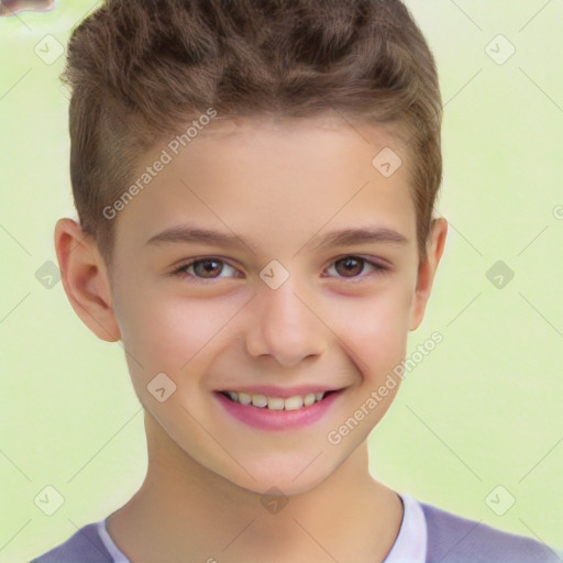 Joyful white child male with short  brown hair and brown eyes