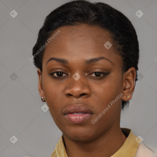 Neutral black young-adult female with short  black hair and brown eyes