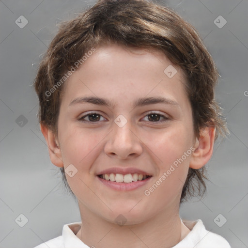 Joyful white child female with medium  brown hair and brown eyes