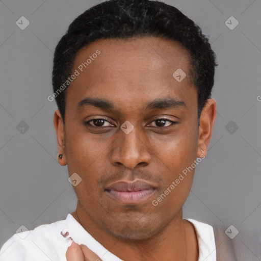 Neutral black young-adult male with short  black hair and brown eyes