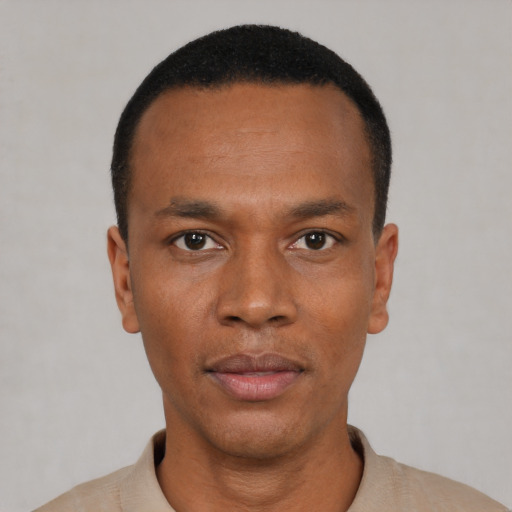 Neutral black young-adult male with short  black hair and brown eyes