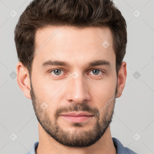 Neutral white young-adult male with short  brown hair and grey eyes