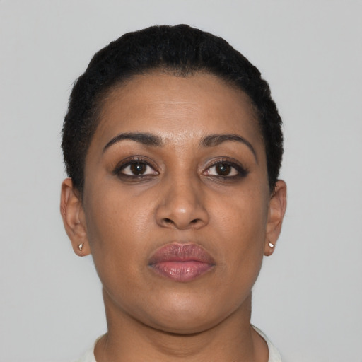 Neutral black young-adult female with short  brown hair and brown eyes