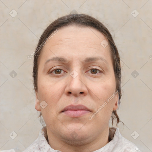 Neutral white adult female with short  brown hair and brown eyes