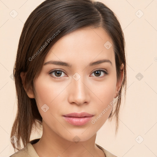 Neutral white young-adult female with medium  brown hair and brown eyes