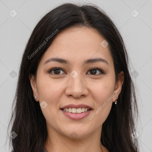 Joyful white young-adult female with long  brown hair and brown eyes