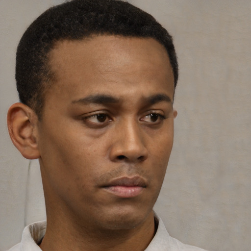 Neutral black young-adult male with short  brown hair and brown eyes