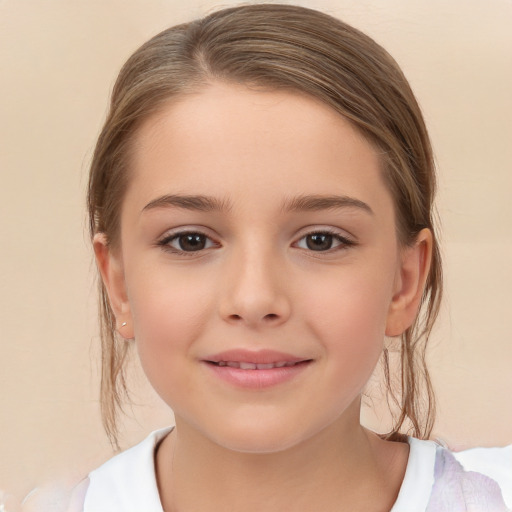 Joyful white child female with medium  brown hair and brown eyes