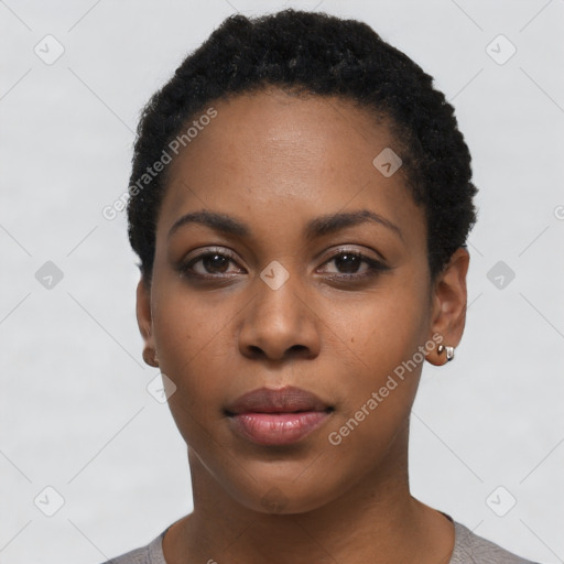 Neutral black young-adult female with short  black hair and brown eyes