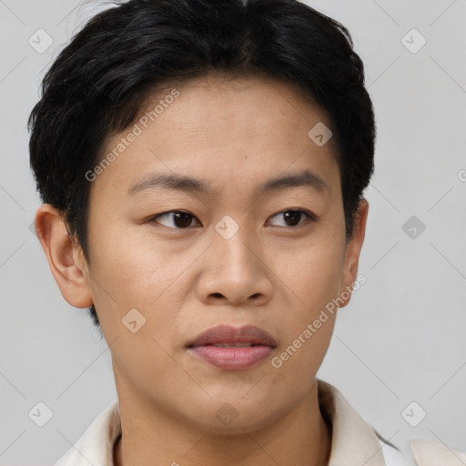 Neutral asian young-adult female with short  brown hair and brown eyes