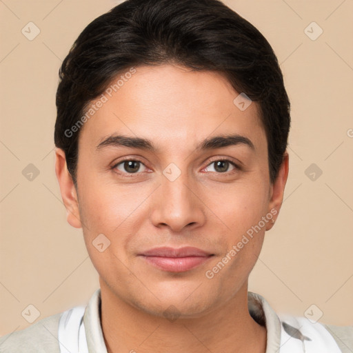 Joyful white young-adult female with short  brown hair and brown eyes