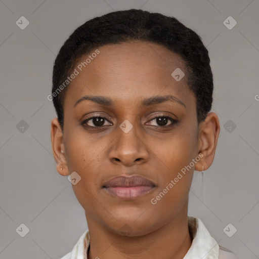 Joyful black young-adult female with short  brown hair and brown eyes