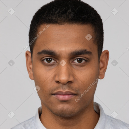 Neutral latino young-adult male with short  black hair and brown eyes