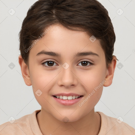 Joyful white child female with short  brown hair and brown eyes