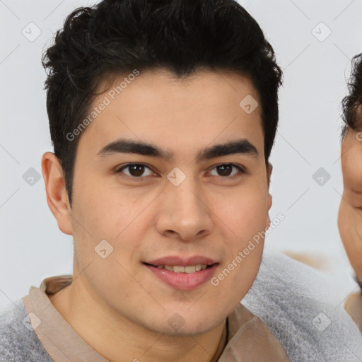 Joyful latino young-adult male with short  brown hair and brown eyes