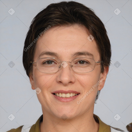 Joyful white adult female with short  brown hair and brown eyes