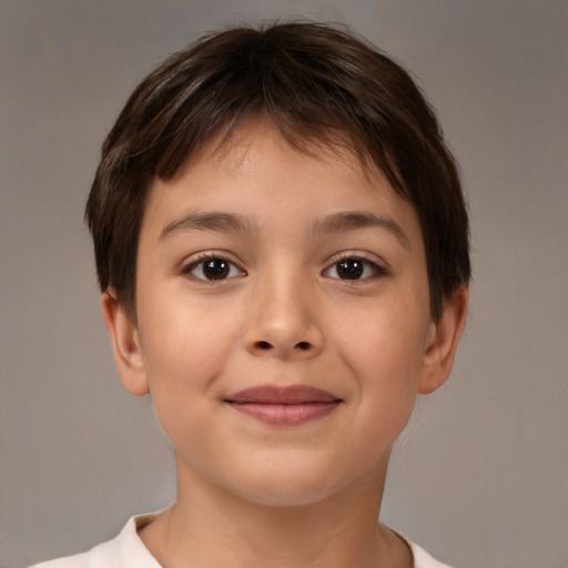 Joyful white child female with short  brown hair and brown eyes