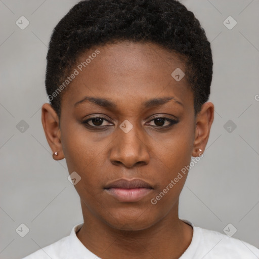 Neutral black young-adult female with short  brown hair and brown eyes