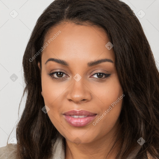 Joyful latino young-adult female with long  brown hair and brown eyes