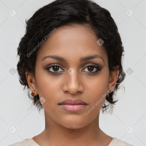 Joyful latino young-adult female with medium  brown hair and brown eyes