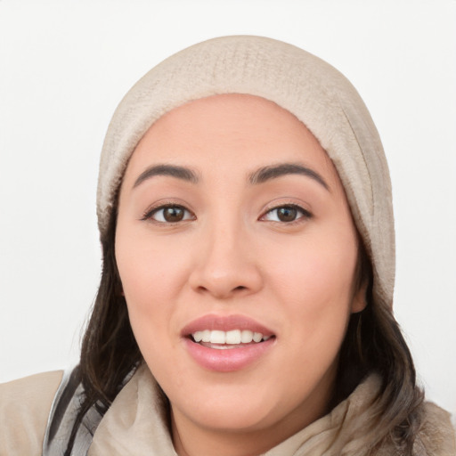 Joyful white young-adult female with long  black hair and brown eyes