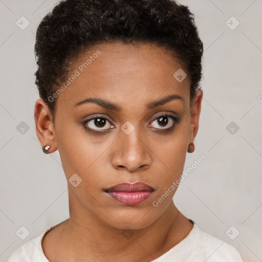 Neutral black young-adult female with short  brown hair and brown eyes