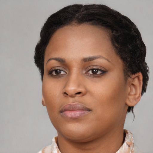 Neutral black young-adult female with short  brown hair and brown eyes