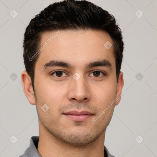 Neutral white young-adult male with short  brown hair and brown eyes