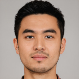 Neutral asian young-adult male with short  black hair and brown eyes