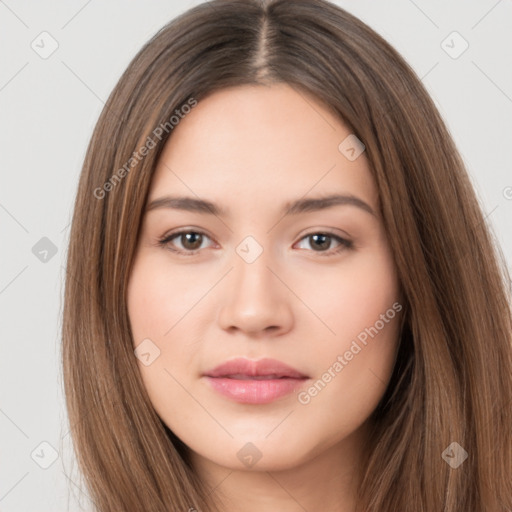 Neutral white young-adult female with long  brown hair and brown eyes