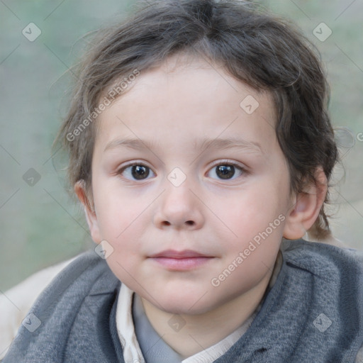 Neutral white child female with medium  brown hair and blue eyes