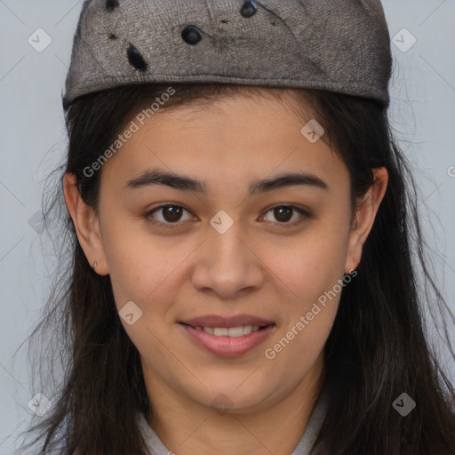 Joyful asian young-adult female with long  brown hair and brown eyes