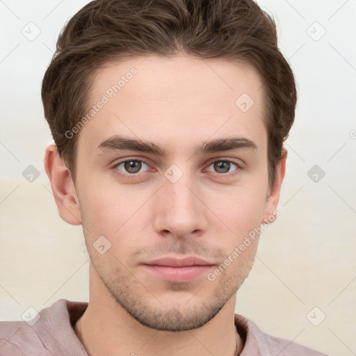 Neutral white young-adult male with short  brown hair and grey eyes