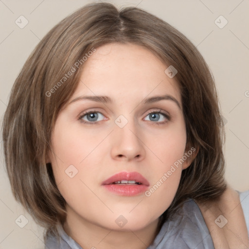 Neutral white young-adult female with medium  brown hair and grey eyes