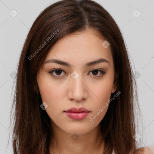 Neutral white young-adult female with long  brown hair and brown eyes