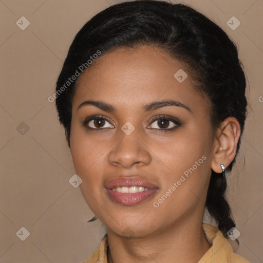 Joyful latino young-adult female with long  black hair and brown eyes