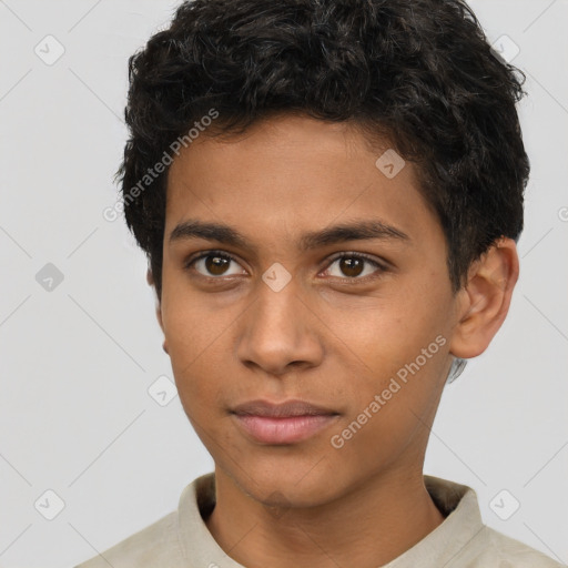 Neutral latino young-adult male with short  brown hair and brown eyes