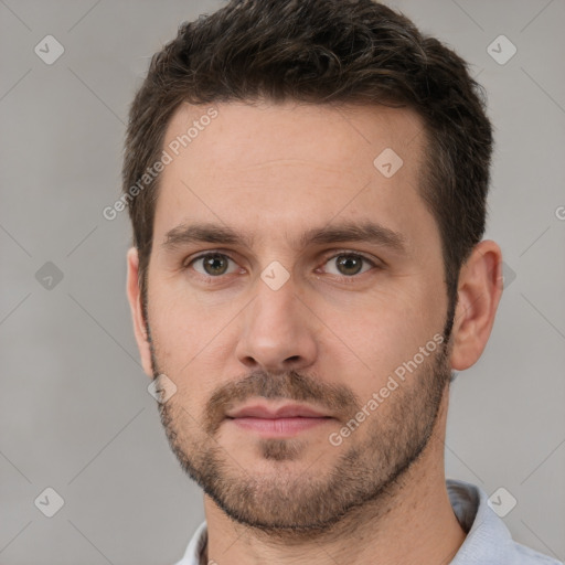 Neutral white young-adult male with short  brown hair and brown eyes