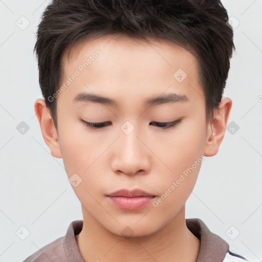 Neutral asian young-adult male with short  brown hair and brown eyes