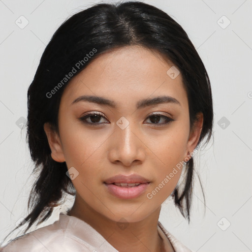 Joyful asian young-adult female with medium  black hair and brown eyes
