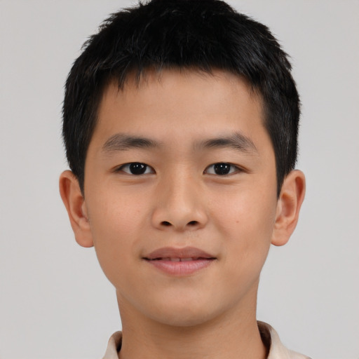 Joyful asian child male with short  brown hair and brown eyes