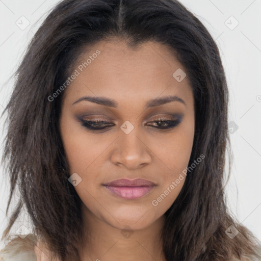 Joyful latino young-adult female with long  brown hair and brown eyes