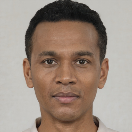 Joyful black young-adult male with short  black hair and brown eyes