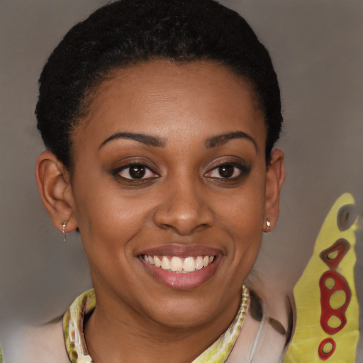 Joyful black young-adult female with short  brown hair and brown eyes