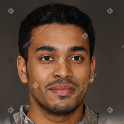 Joyful latino young-adult male with short  brown hair and brown eyes