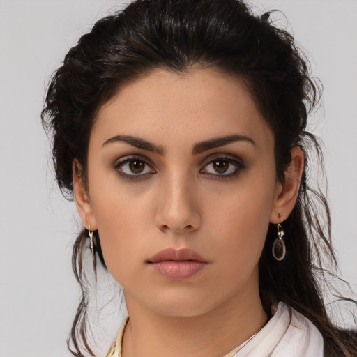 Neutral white young-adult female with medium  brown hair and brown eyes