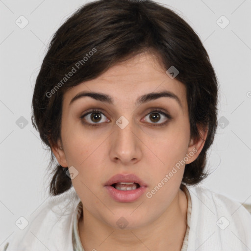 Neutral white young-adult female with medium  brown hair and brown eyes