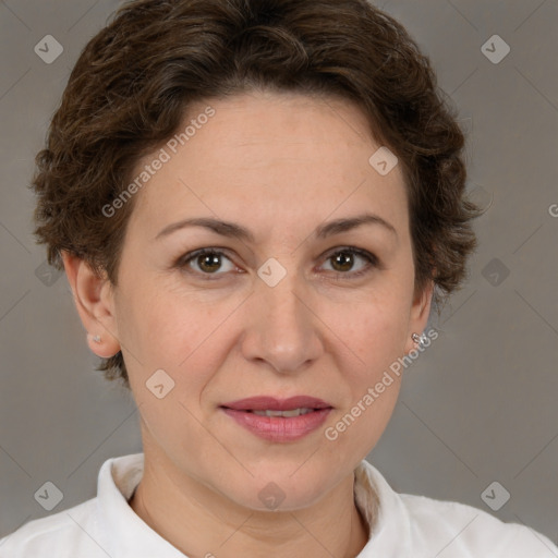 Joyful white adult female with short  brown hair and brown eyes