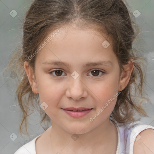 Joyful white child female with medium  brown hair and brown eyes