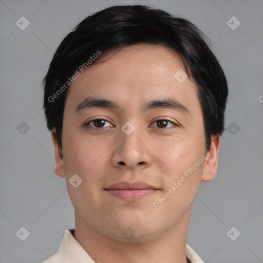 Neutral asian young-adult male with short  brown hair and brown eyes